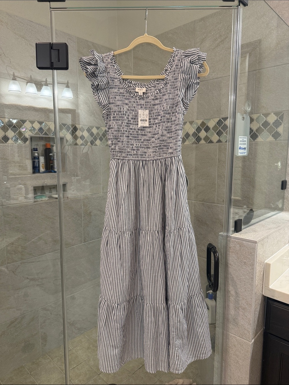J. Crew Blue and White Striped Smocked Maxi Dress